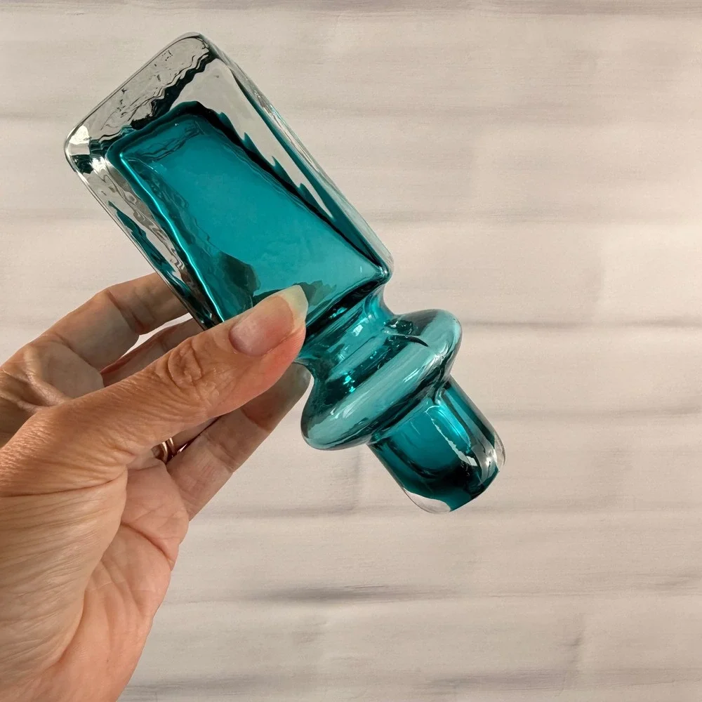 Z Gallerie Large Teal Blue Art Glass Decanter Square Stopper 17